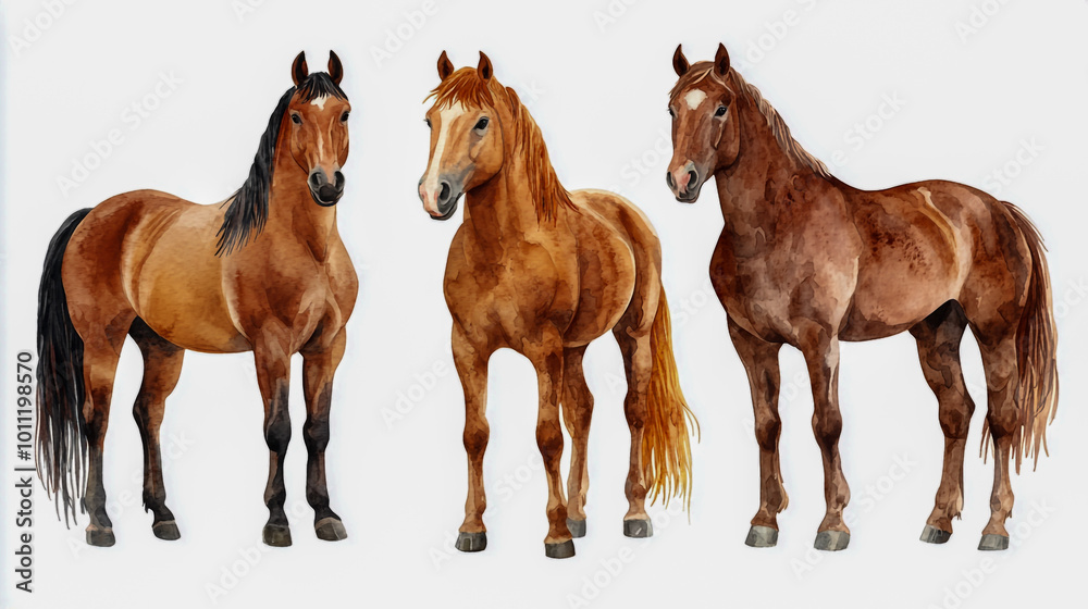 Obraz premium Brown horse collection, including portrait and standing poses, isolated on a white background, animal bundle.