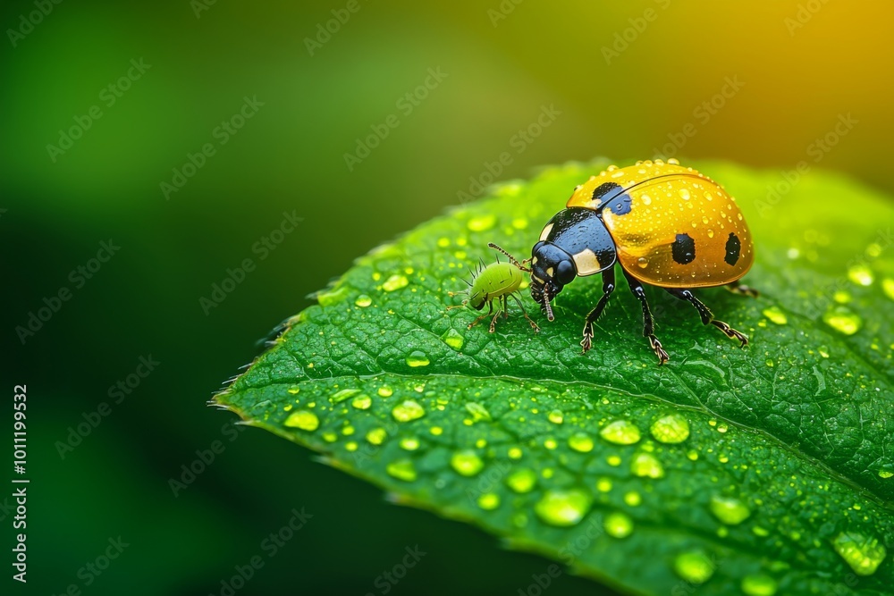 Naklejka premium Ladybug Eating Aphid in Microscopic View