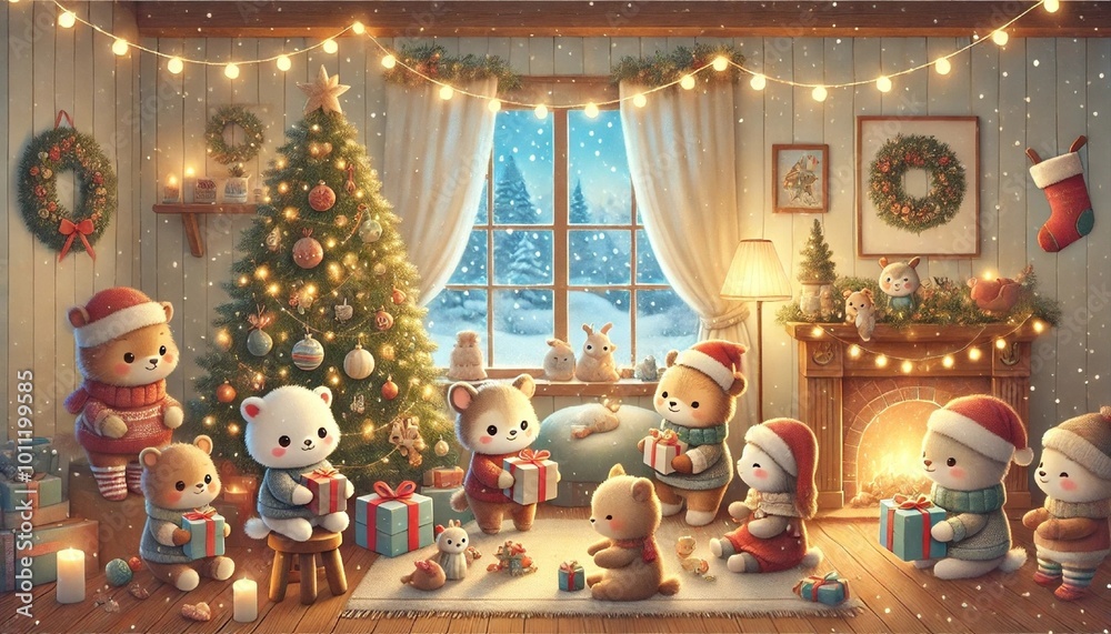 A cozy Christmas party where gentle animals gather around a beautifully decorated Christmas tree, sharing gifts and enjoying the festive atmosphere in a softly lit room with garlands A cozy Christmas party where gentle animals gather around a beautifully decorated Christmas tree, sharing gifts and enjoying the festive atmosphere in a softly lit room with garlands