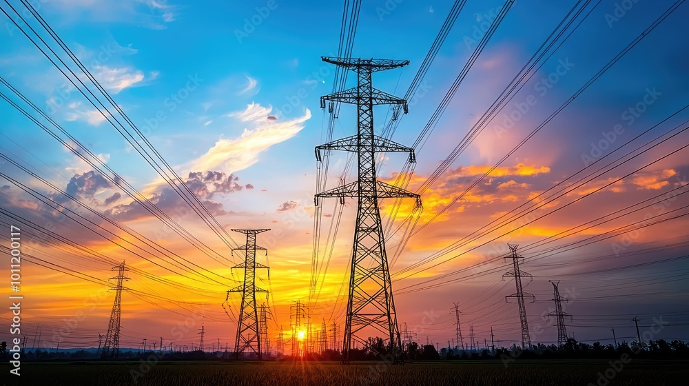 Stunning view of power lines against a vibrant sunset sky, showcasing the beauty of energy infrastructure in a rural setting. Stunning view of power lines against a vibrant sunset sky, showcasing the beauty of energy infrastructure in a rural setting.