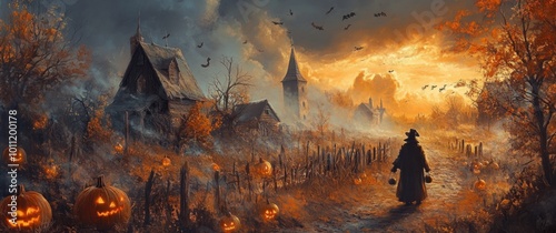 Halloween night, an old medieval village with wooden houses and a holly tree in the background