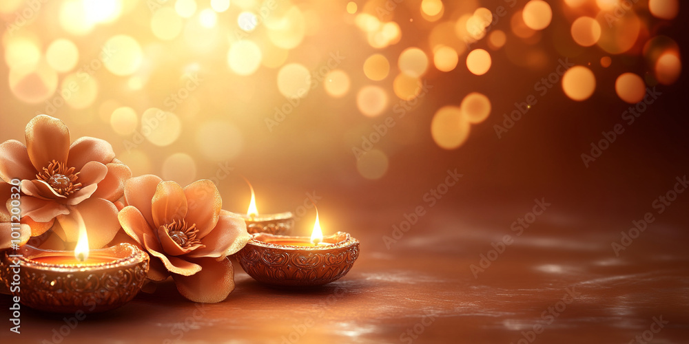 Traditional indian burning lamp on blurred background. Ethnic decorations for Indian festival of lights Diwali and Pongal. Ugadi, Gudi Padwa. Hindu New Year. Religion concept with copy space Traditional indian burning lamp on blurred background. Ethnic decorations for Indian festival of lights Diwali and Pongal. Ugadi, Gudi Padwa. Hindu New Year. Religion concept with copy space