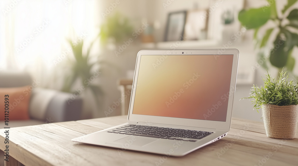 Sleek silver laptop on minimalist wooden desk, open and ready for use, with clean, uncluttered background. Neutral screen image emphasizes device's availability for immediate productivity Sleek silver laptop on minimalist wooden desk, open and ready for use, with clean, uncluttered background. Neutral screen image emphasizes device's availability for immediate productivity
