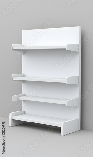 3d White Empty Product Display For Supermarket With Shelves mock up Isolated on white background. Retail shelf, ,display mockup.