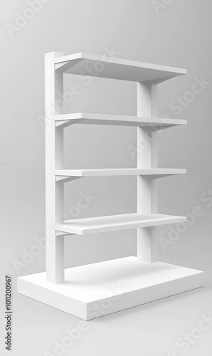 3d White Empty Product Display For Supermarket With Shelves mock up Isolated on white background. Retail shelf, ,display mockup.