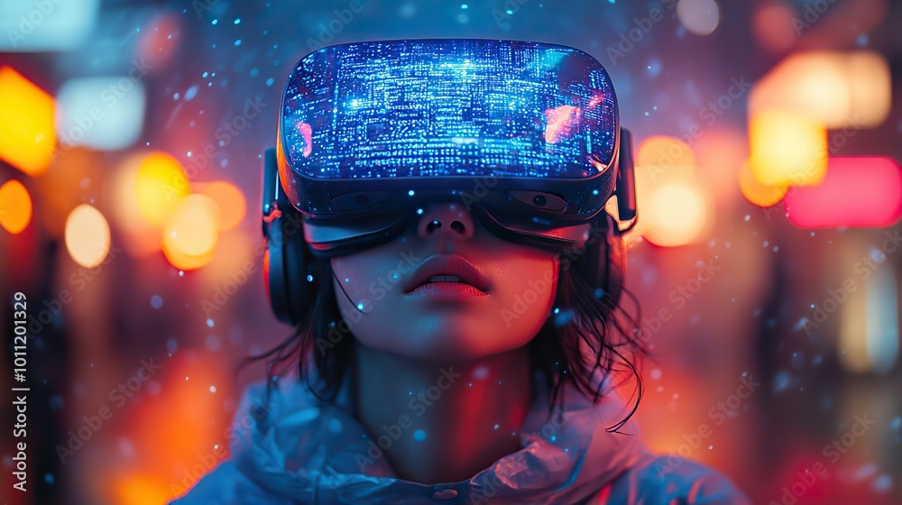 user immersed in augmented reality environment wearing vr headset seamlessly blending digital elements with physical world experiencing innovative gaming ,learning opportunities generative ai