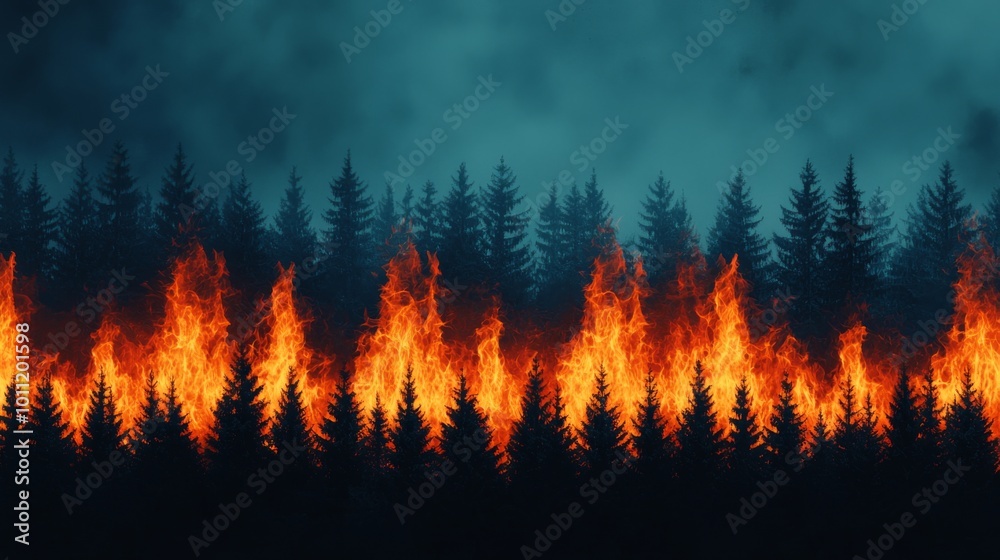 Forest Fire with Trees and Flames Under Dark Clouds Forest Fire with Trees and Flames Under Dark Clouds