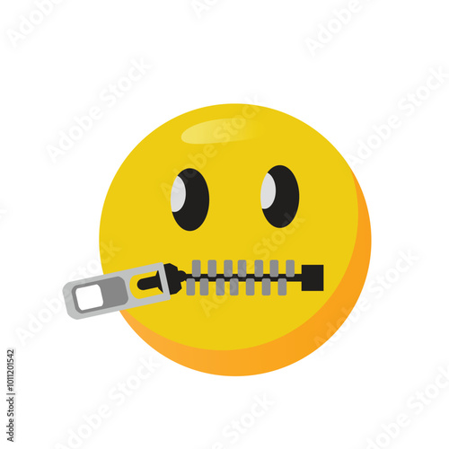 zipper mouth emoji. shut up or secret emoticon vector. yellow face with open eyes and closed metal zipper for mouth.