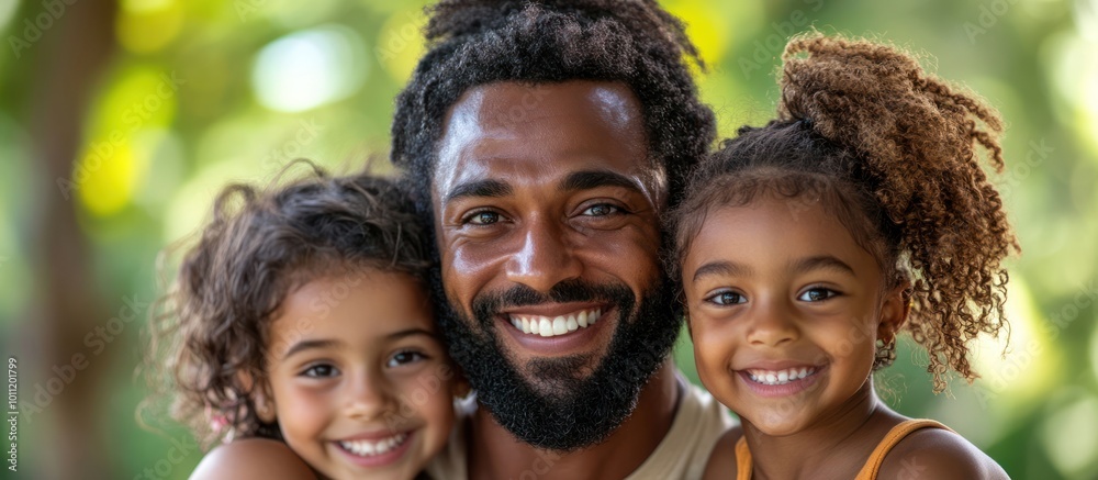Happy African American father and his two daughters smiling at the camera. Happy African American father and his two daughters smiling at the camera.