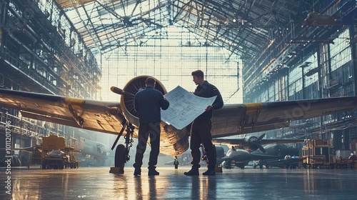 Two engineers discussing airplane blueprints in a well-lit hangar, showcasing teamwork and aircraft design.