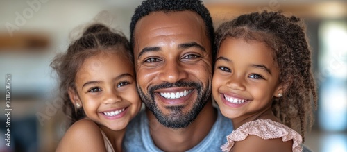 Happy African American father with his two daughters, smiling at the camera, showing love and affection.