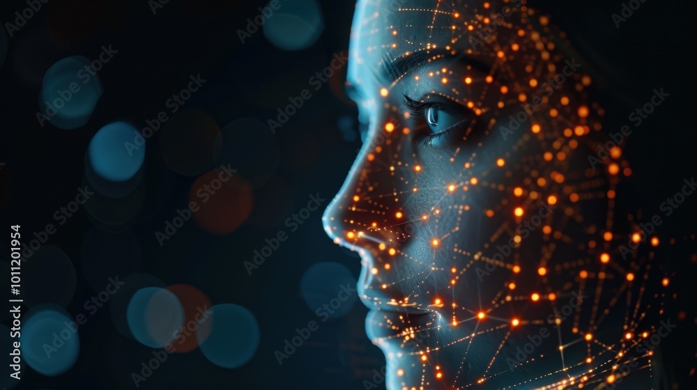 Futuristic woman face with glowing digital elements and bokeh lights on a dark background. Concept of beauty, technology and innovation Futuristic woman face with glowing digital elements and bokeh lights on a dark background. Concept of beauty, technology and innovation