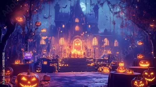 A Halloween party in front of an old Gothic castle, with numerous pumpkins and candles surrounding the stage. Fantasy art
