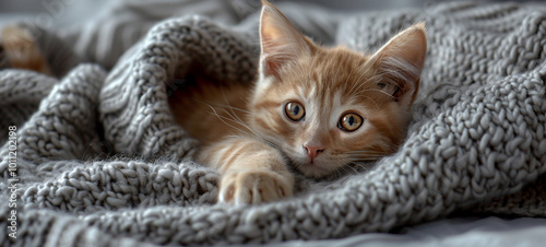 Playful kitty on a cozy knitted blanket, generative AI