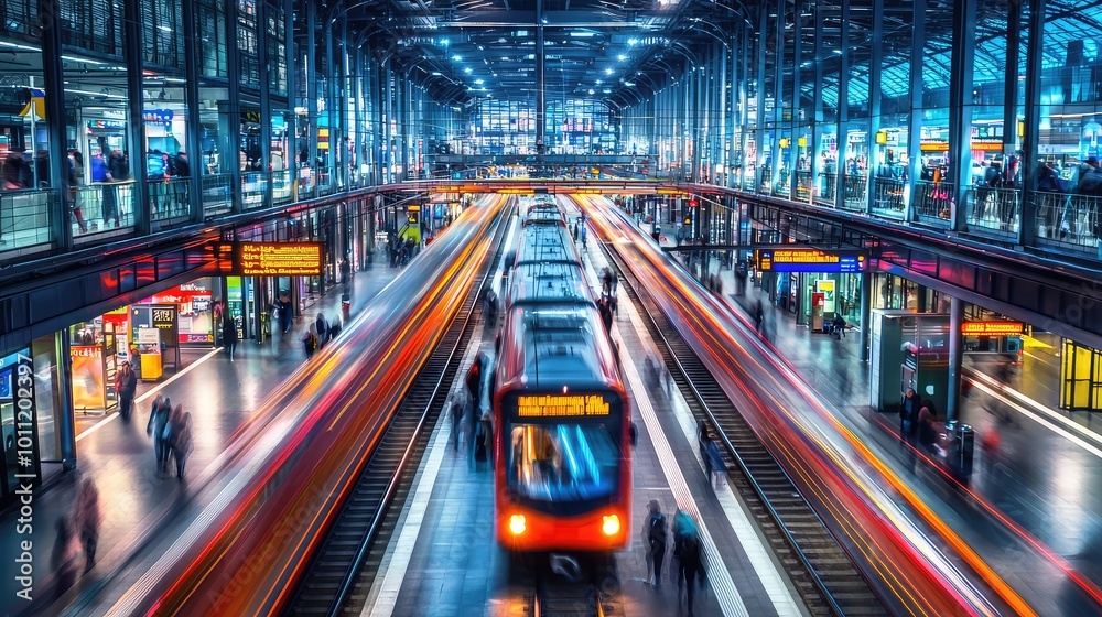 Vibrant city train station with moving trains, illuminated signs, and bustling crowd, capturing the essence of urban travel. Vibrant city train station with moving trains, illuminated signs, and bustling crowd, capturing the essence of urban travel.