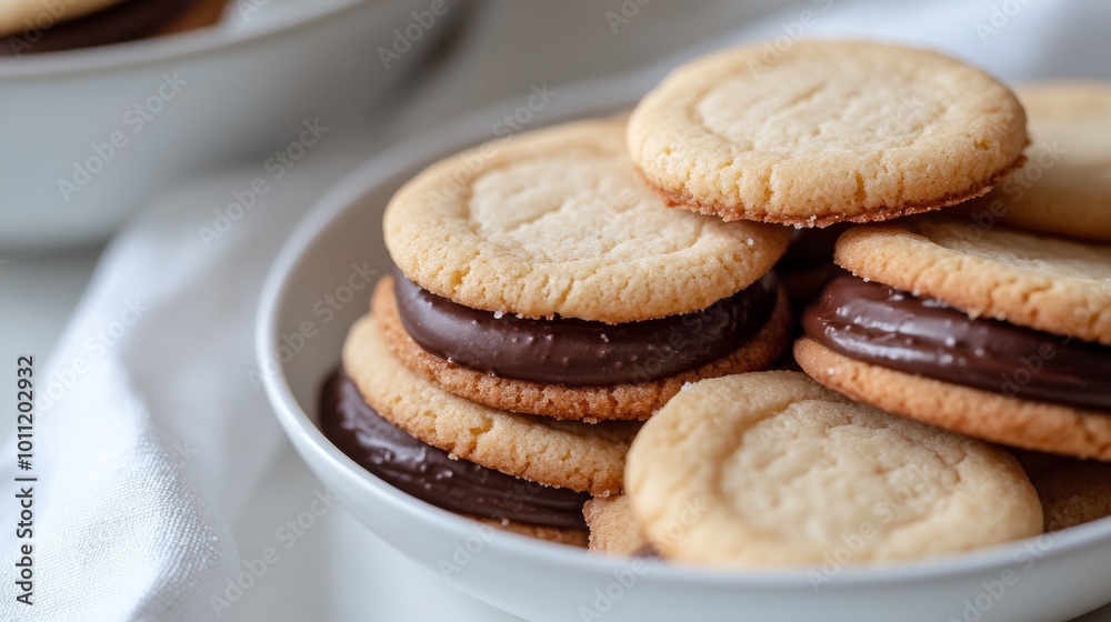 Vanilla cookies, plain and simple, with a white backdrop. They're filled with both chocolate and vanilla cream, making for a yummy, crunchy treat. Vanilla cookies, plain and simple, with a white backdrop. They're filled with both chocolate and vanilla cream, making for a yummy, crunchy treat.