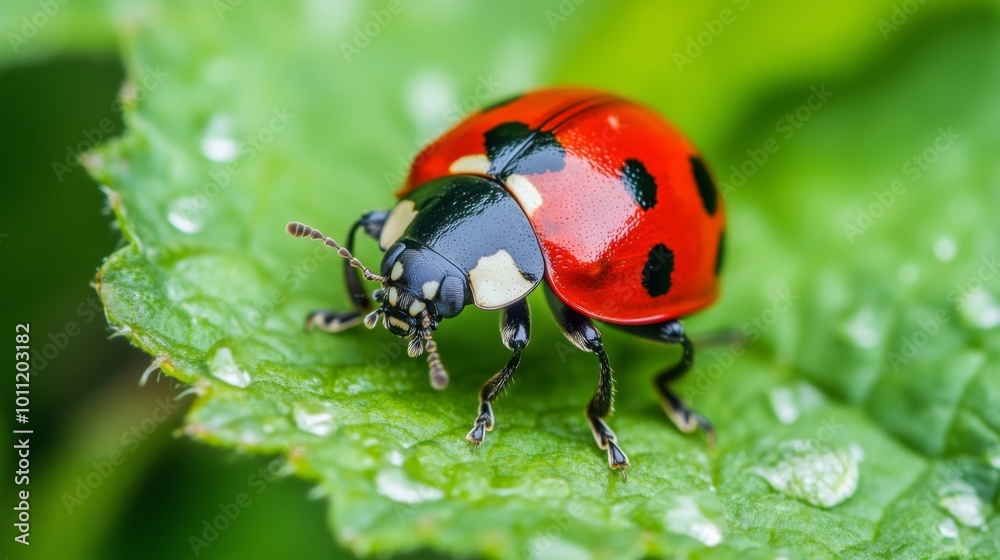 Bright Red Ladybug on Green Leaf Close-Up Bright Red Ladybug on Green Leaf Close-Up