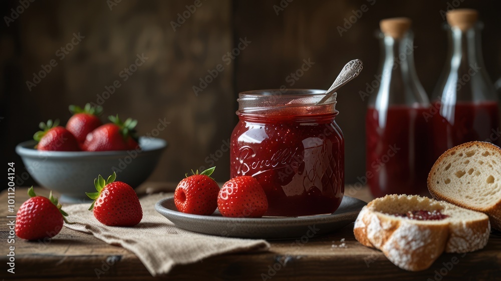 A jar of strawberry jam with fresh strawberries, a spoon, and slices of bread on a wooden table. A jar of strawberry jam with fresh strawberries, a spoon, and slices of bread on a wooden table.