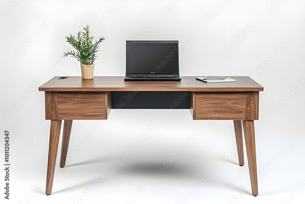 Workspace mock up. Modern wooden office desk with modern laptop computer isolated on white background Workspace mock up. Modern wooden office desk with modern laptop computer isolated on white background