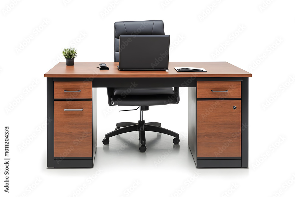 Workspace mock up. Modern wooden office desk with modern laptop computer isolated on white background Workspace mock up. Modern wooden office desk with modern laptop computer isolated on white background