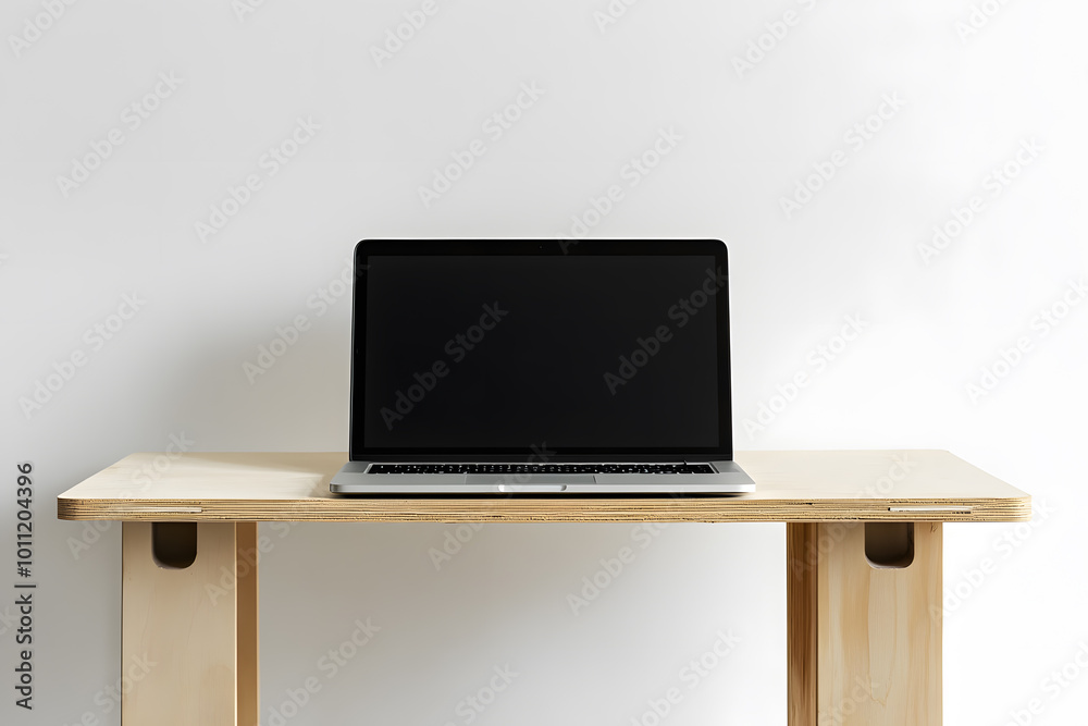 Workspace mock up. Modern wooden office desk with modern laptop computer isolated on white background Workspace mock up. Modern wooden office desk with modern laptop computer isolated on white background