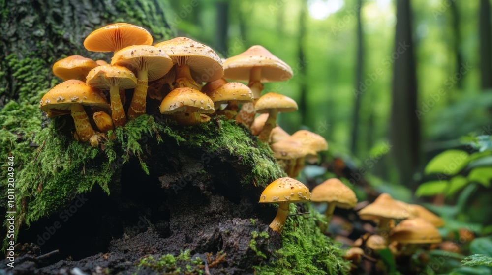 Vibrant Yellow Mushrooms in Lush Green Forest