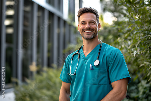 Smiling male healthcare professional in scrubs standing outdoors with a stethoscope
