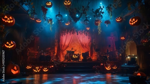  Halloween concert stage design with an old gothic theater, blue and orange lights