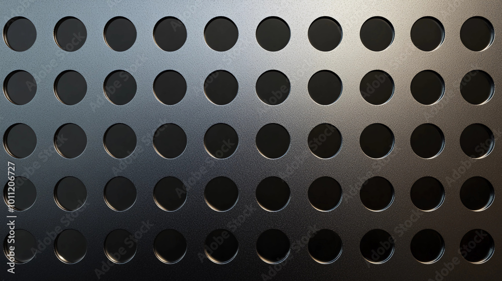Metallic Surface with Circular Perforations in a Grid Pattern. Modern Industrial Texture for Technology and Design Concepts. Metallic Surface with Circular Perforations in a Grid Pattern. Modern Industrial Texture for Technology and Design Concepts.