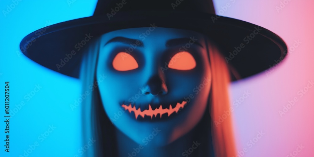Creepy blue face with glowing eyes and sharp teeth wearing black hat against pink and blue background Creepy blue face with glowing eyes and sharp teeth wearing black hat against pink and blue background