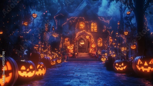 Halloween festival in the castle, decorated with pumpkins and lanterns, spooky atmosphere