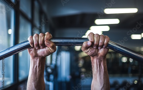 Closeup of hands gripping a pull-up bar during an intense workout in a gym.