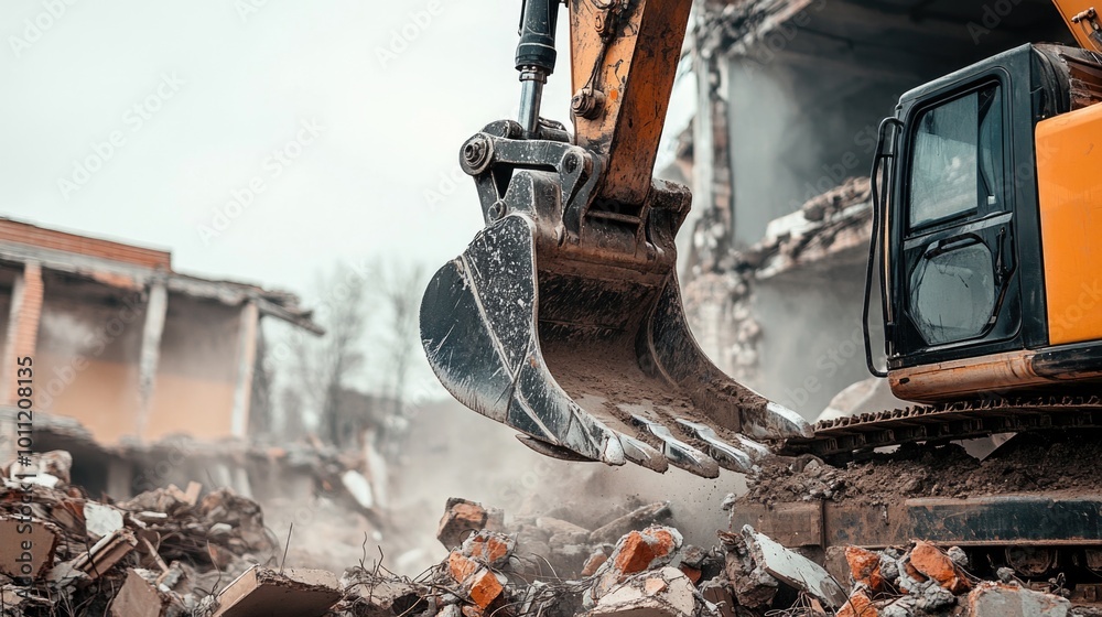 Fototapeta premium Excavator Claw Demolishing Building Ruins at Construction Site