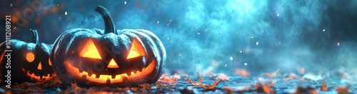 Halloween pumpkins illuminated in the dark with fog and sparks on a blue background