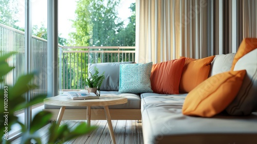 Semi-outdoor balcony design with a casual and comfortable living space. The natural wooden materials and bright color scheme create a beautiful and cozy home setting. photo