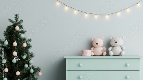 Cozy nursery corner featuring a decorated tree, soft toys, and fairy lights. Perfect for festive and children's decor inspiration. photo