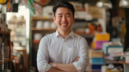 Smart and cheerful Asian business owner managing a small enterprise. The portrait shot in a store or office setting reflects a successful and positive attitude in business management.