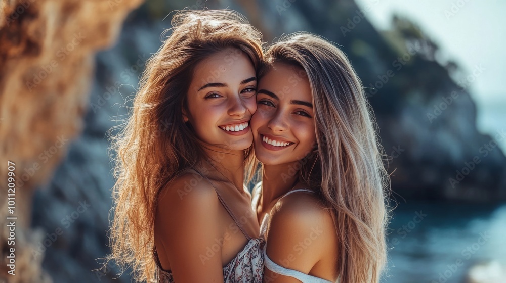 Sisters chat by the cliff, smiling. Sisters chat by the cliff, smiling.