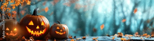 Halloween pumpkins with falling leaves and sparks. Free space for text or product display