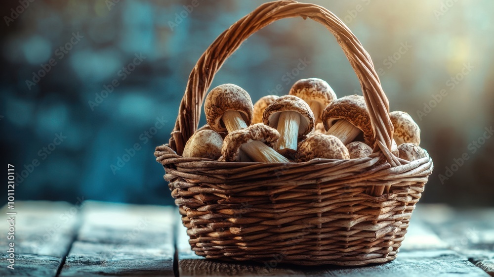 Wicker basket overflowing with freshly picked mushrooms on rustic wooden table Wicker basket overflowing with freshly picked mushrooms on rustic wooden table