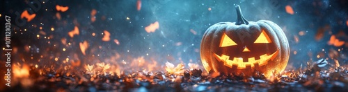 Halloween pumpkins illuminated by orange light on a dark background with falling leaves and sparks