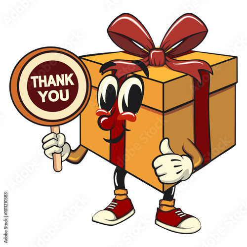 cartoon gift box gold with a red ribbon isolated vector illustration carrying a sign saying thank you, the concept of birthday, Christmas, new year, work of hand drawn