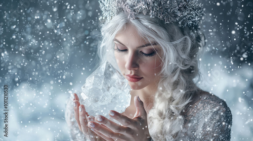 serene woman with long, flowing white hair holds large ice crystal, surrounded by falling snowflakes. enchanting winter scene evokes sense of magic and tranquility