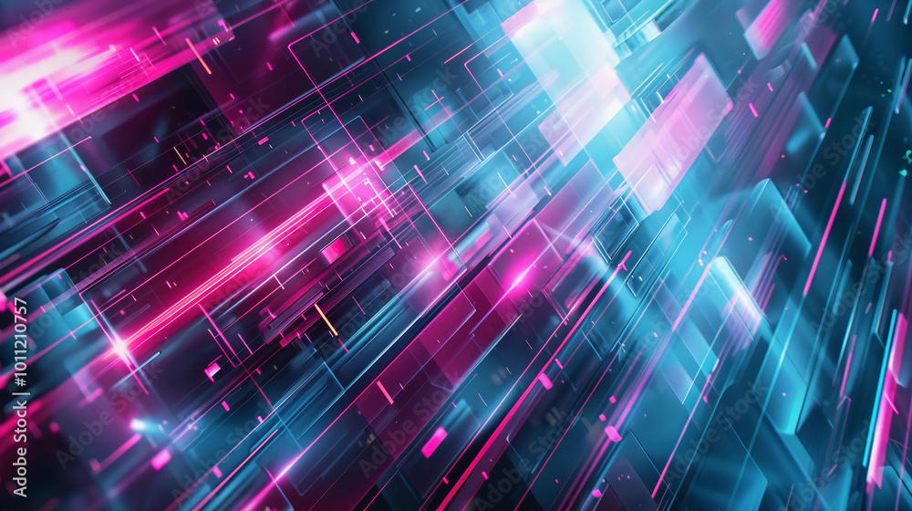 Abstract Digital Geometric Lines with Neon Blue and Pink Light Effects. Futuristic Tech Background with Dynamic Motion and Glowing Rectangular Shapes. Abstract Digital Geometric Lines with Neon Blue and Pink Light Effects. Futuristic Tech Background with Dynamic Motion and Glowing Rectangular Shapes.