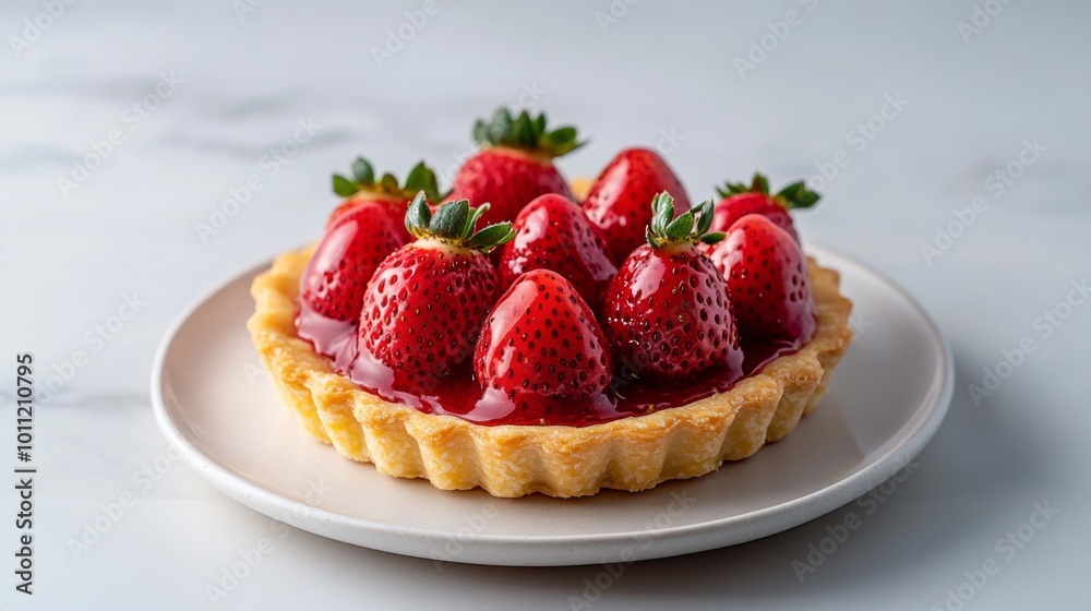 Fresh Strawberry Tart with Glaze on White Plate Fresh Strawberry Tart with Glaze on White Plate