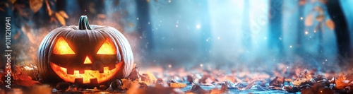 Halloween pumpkins illuminated by orange light on a dark background with falling leaves and sparks