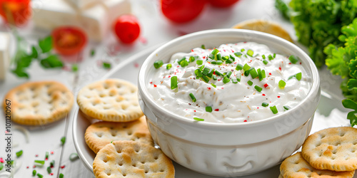 A bowl of creamy crab dip with cracker Seafood cheese with chives. , seafood lovers, culinary delight, gourmet dip, fresh ingredients,
