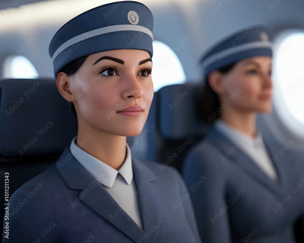 Fototapeta premium Professional cabin crew members seated in an airplane, showcasing modern uniforms and a calm in-flight atmosphere.