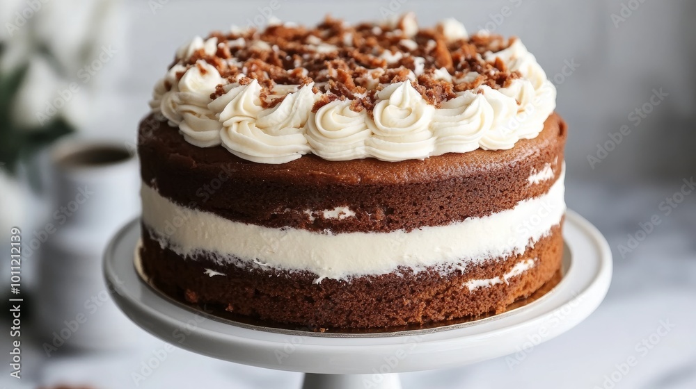 Whole carrot cake with frosting on a stand. Whole carrot cake with frosting on a stand.