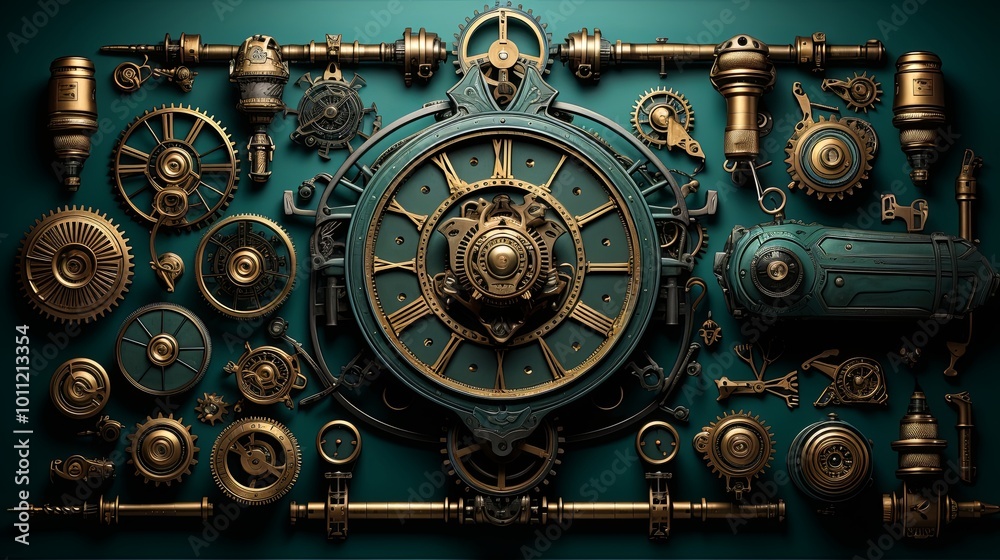 Fototapeta premium A symphony of bronze and teal an intricate clockwork design with gears, levers, and clock faces, all arranged against a backdrop of deep teal, creating a mesmerizing visual of time and movement.
